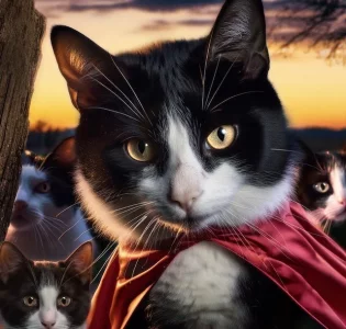 Firefly 5 chats noir et blanc avec une cape dansant autour d'un feu de bois à la tombée de ...webp