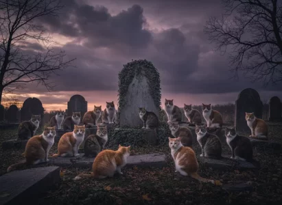 Firefly_Gemini Flash_Une vingtaine de chats se recueillant dans un cimetière le soir au cré...webp